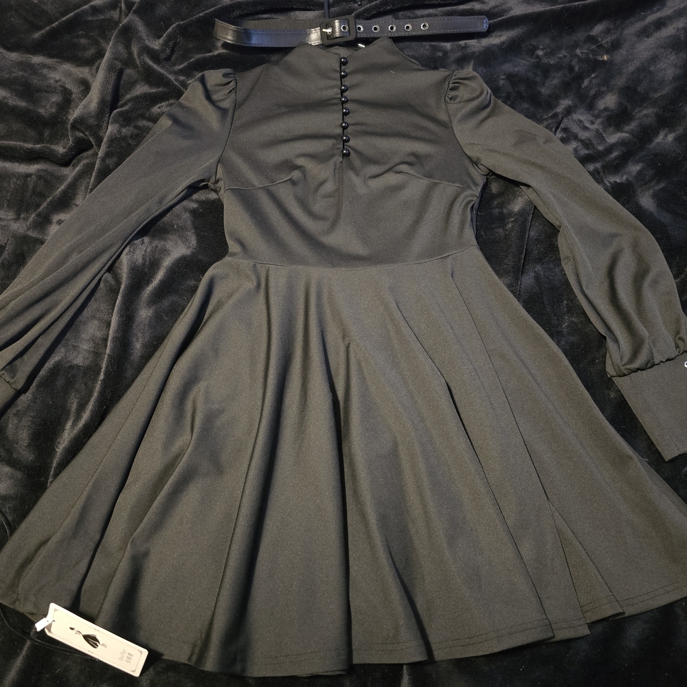 Unique Vintage Elegant Style Black Midi Dress Button Up with Belt